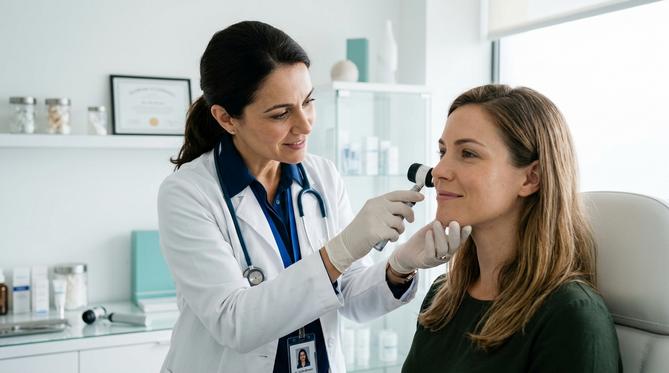 Dermatologista examinando a pele do rosto de uma paciente em um consultório moderno e luminoso.
