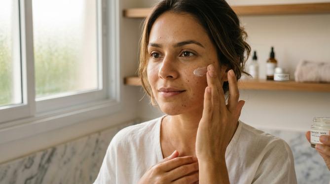 Mulher aplicando creme facial na bochecha em banheiro minimalista com luz natural.