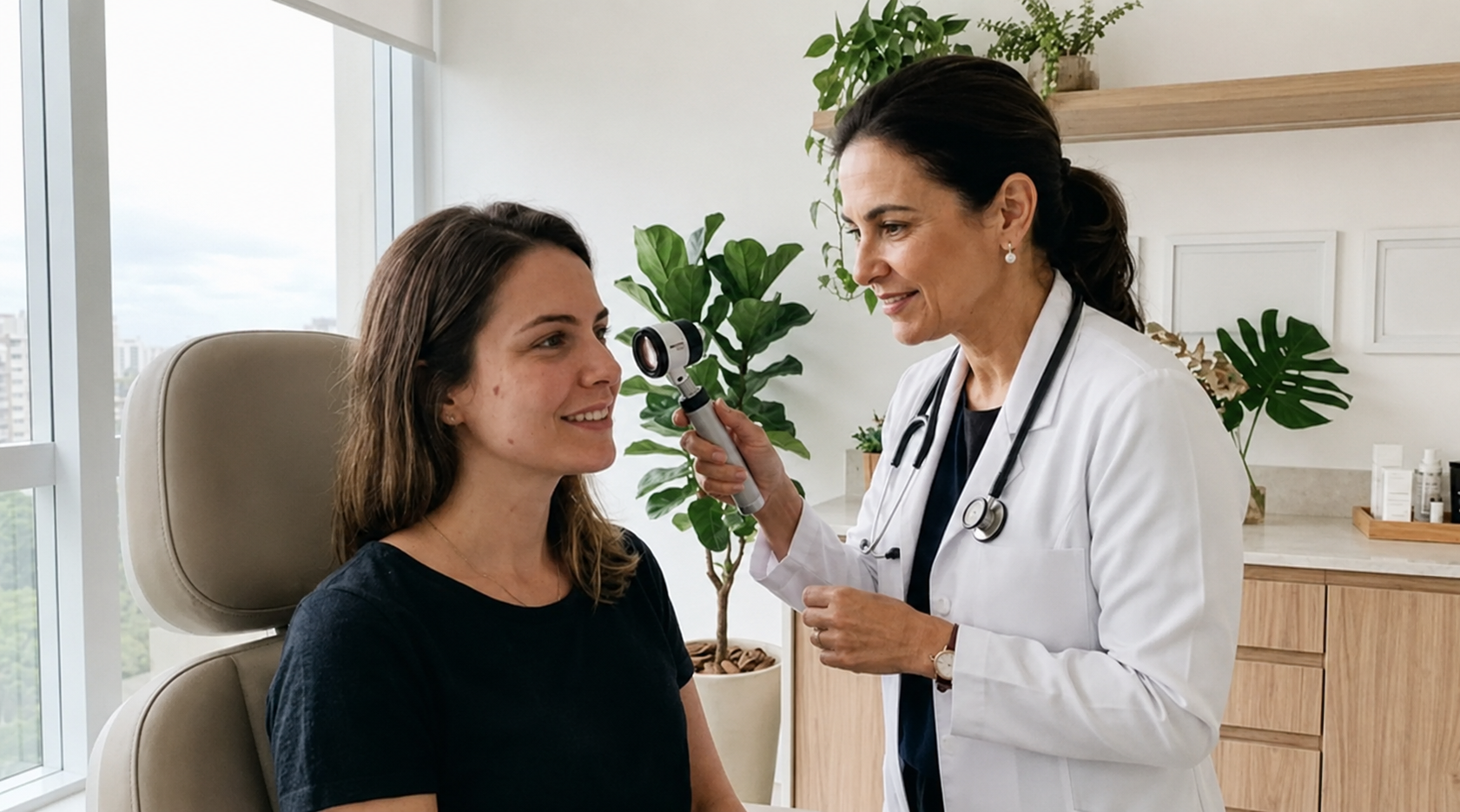 Médica dermatologista examinando cuidadosamente a pele do rosto de uma paciente com um dermatoscópio em uma clínica moderna e minimalista.