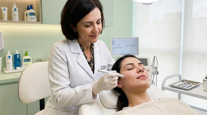 Uma dermatologista aplicando delicadamente um pequeno dispositivo estéril na bochecha de um paciente em um consultório moderno, simbolizando cuidado e renovação da pele.