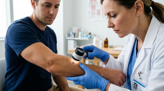 Dermatologista com luvas examinando uma pinta no braço de um paciente usando um dermatoscópio em close-up, transmitindo profissionalismo.