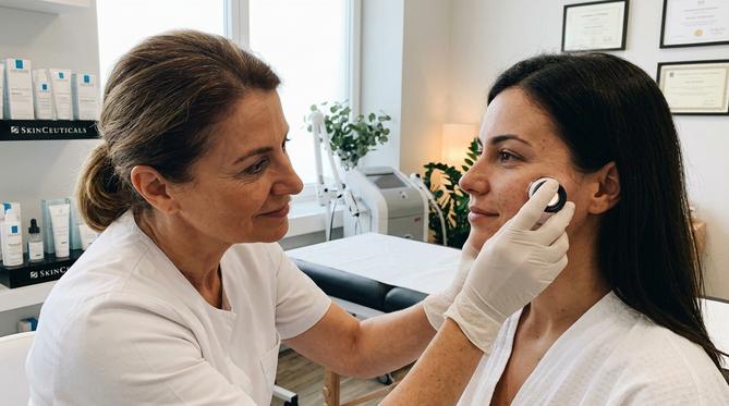 Dermatologista examinando a pele do rosto de uma paciente com instrumento delicado em consultório moderno, transmitindo cuidado e profissionalismo.