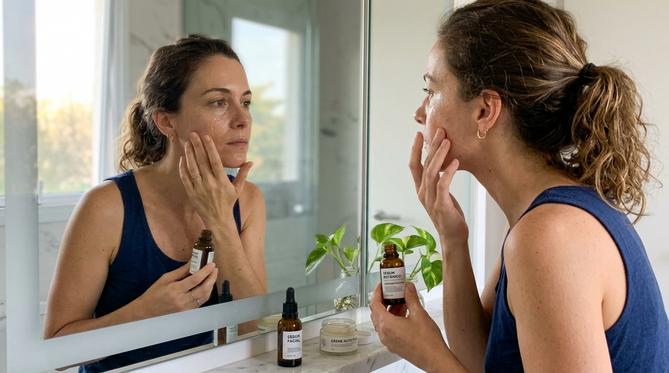 Jovem mulher aplicando sérum facial com expressão pensativa em frente ao espelho de um banheiro moderno e iluminado, focando no autocuidado da pele.