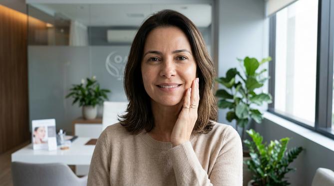 Mulher de meia-idade sorrindo toca o rosto em um consultório, mostrando pele uniforme e luminosa, com expressão de satisfação.