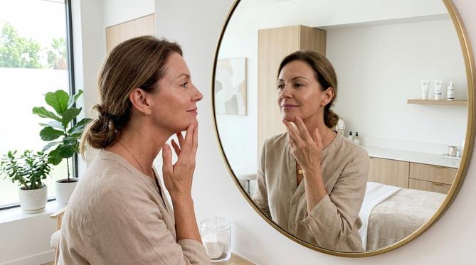 Mulher de meia-idade tocando o maxilar e olhando o reflexo no espelho de uma clínica de dermatologia moderna, transmitindo serenidade e confiança.