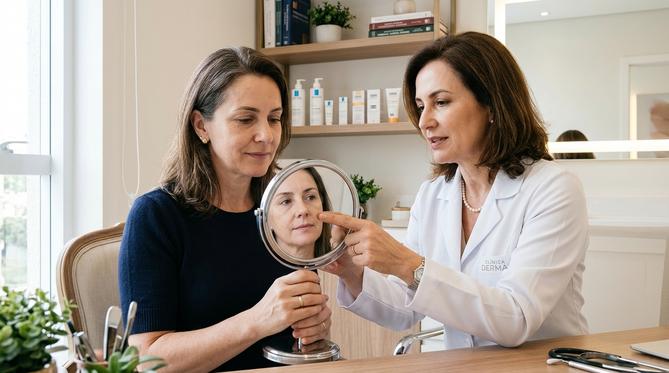 Médica dermatologista profissional e empática aponta para uma área do rosto da paciente em um espelho de mão, em consultório moderno e iluminado.