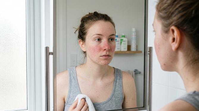 Mulher jovem com pele sensível e vermelhidão observa seu rosto no espelho de um banheiro minimalista.