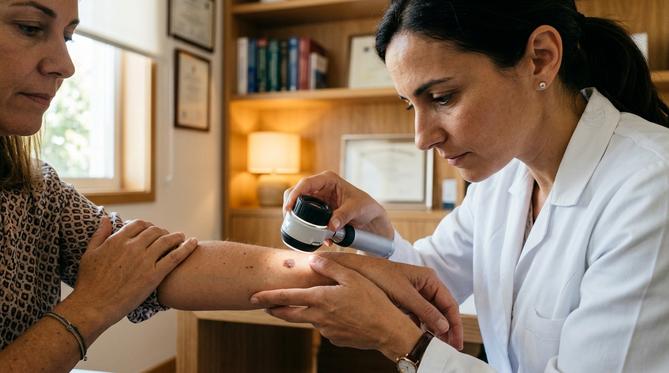 Dermatologista examinando a pele do antebraço de um paciente com dermatoscópio digital em consultório.
