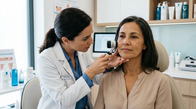 Dermatologista feminina examina a pele do rosto de uma paciente de meia-idade com um dermoscópio de mão em um consultório moderno e iluminado.