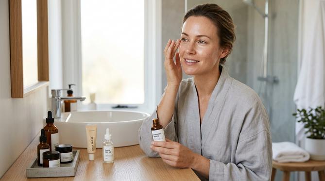 Mulher com pele bem cuidada aplicando sérum ou protetor solar no rosto em um banheiro moderno e iluminado, exibindo uma rotina diária de skincare.
