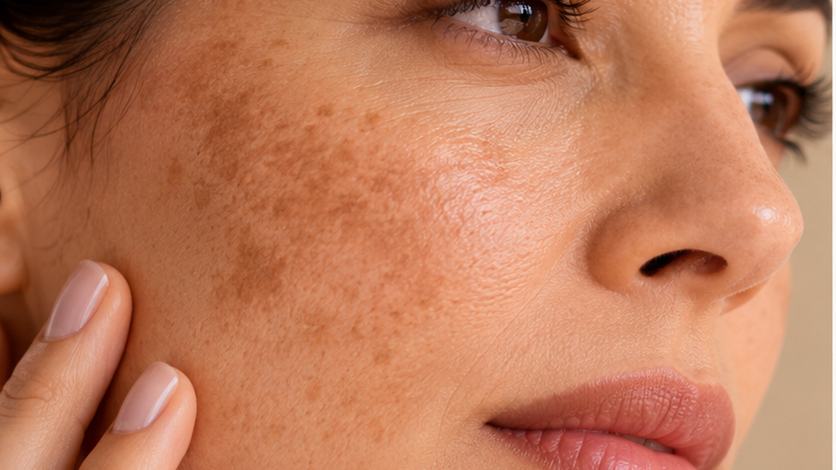 Pele facial com manchas acastanhadas de melasma na região das bochechas, em imagem ilustrativa.