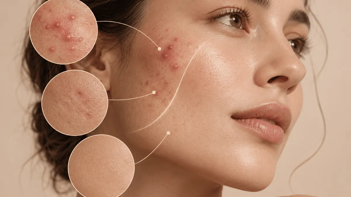 Imagem ilustrativa de rosto feminino de perfil, com lupas destacando acne ativa, mancha pós-acne e textura da pele.