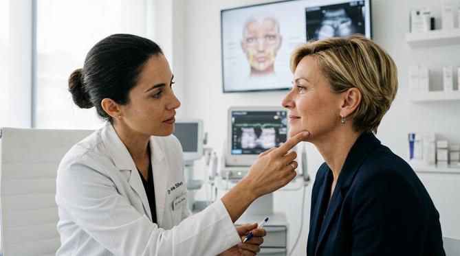 Dermatologista explicando o contorno mandibular a uma paciente atenta em um consultório médico.