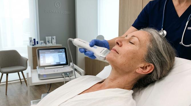 Mulher madura recebendo tratamento estético facial com transdutor de ultrassom moderno, aplicado por mão profissional em consultório dermatológico contemporâneo, com foco na bochecha e contorno da mandíbula.