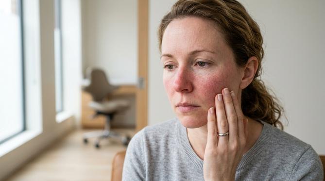 Close-up de mulher com rosácea, tocando o rosto com expressão preocupada em um consultório dermatológico moderno.