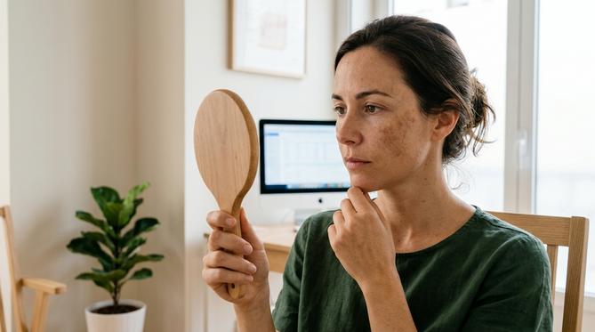 Mulher com hiperpigmentação facial se observa pensativamente em um espelho de mão em um consultório dermatológico minimalista.